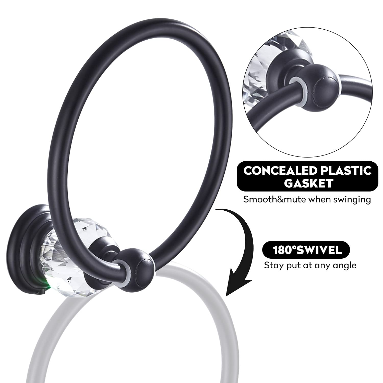 WINCASE Crystal Towel Ring  Black Hand Towel Holder  Bathroom Round Towel Hanger Racks Wall Mount Matte Black