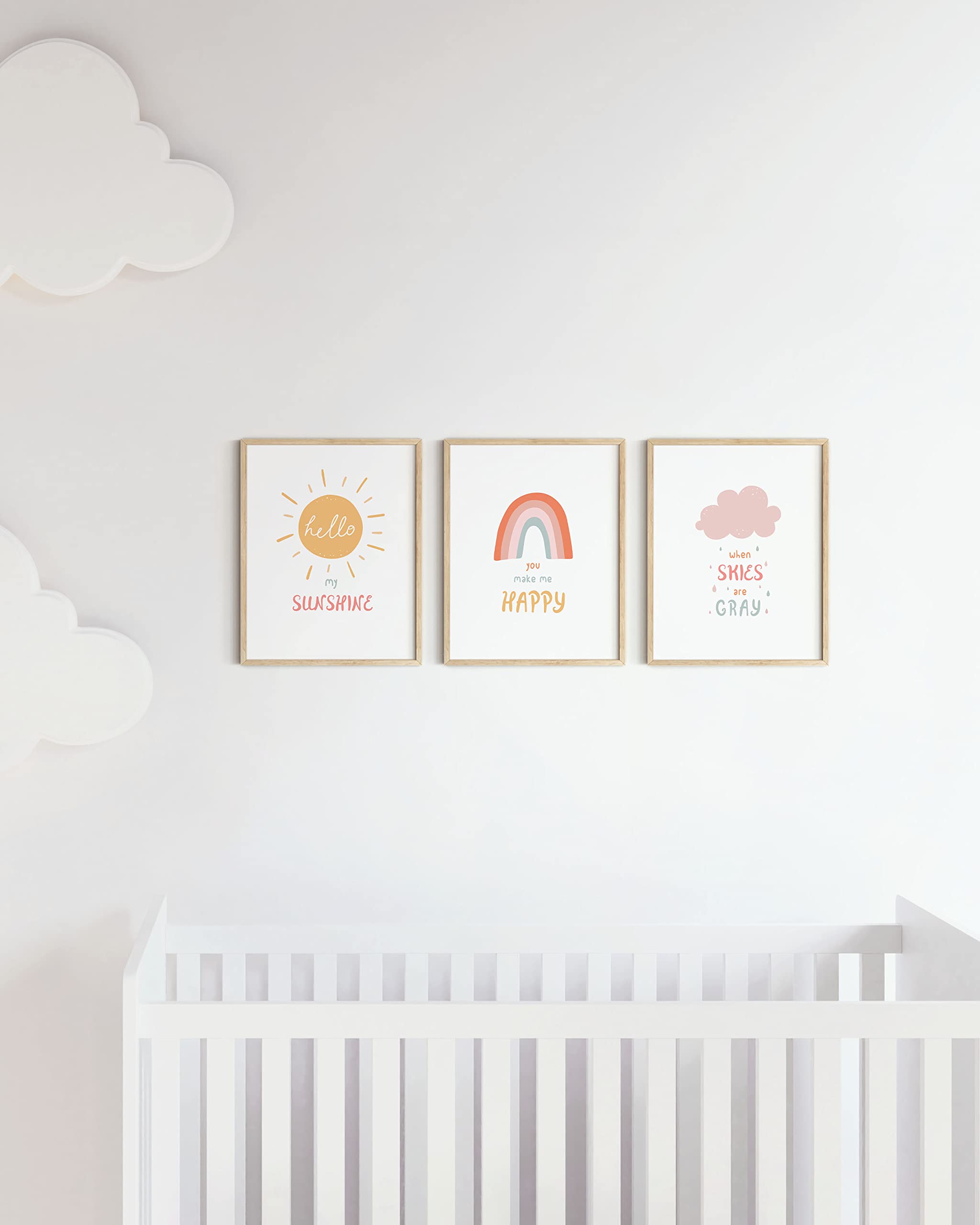 HAUS AND HUES Nursery Posters and Rainbow Wall Decor Set of 3 Rainbow Wall Art for Kids  Wall Art for Nursery Girl  Kids Wall Art  Hello My Sunshine (8x10) (Beige Framed)