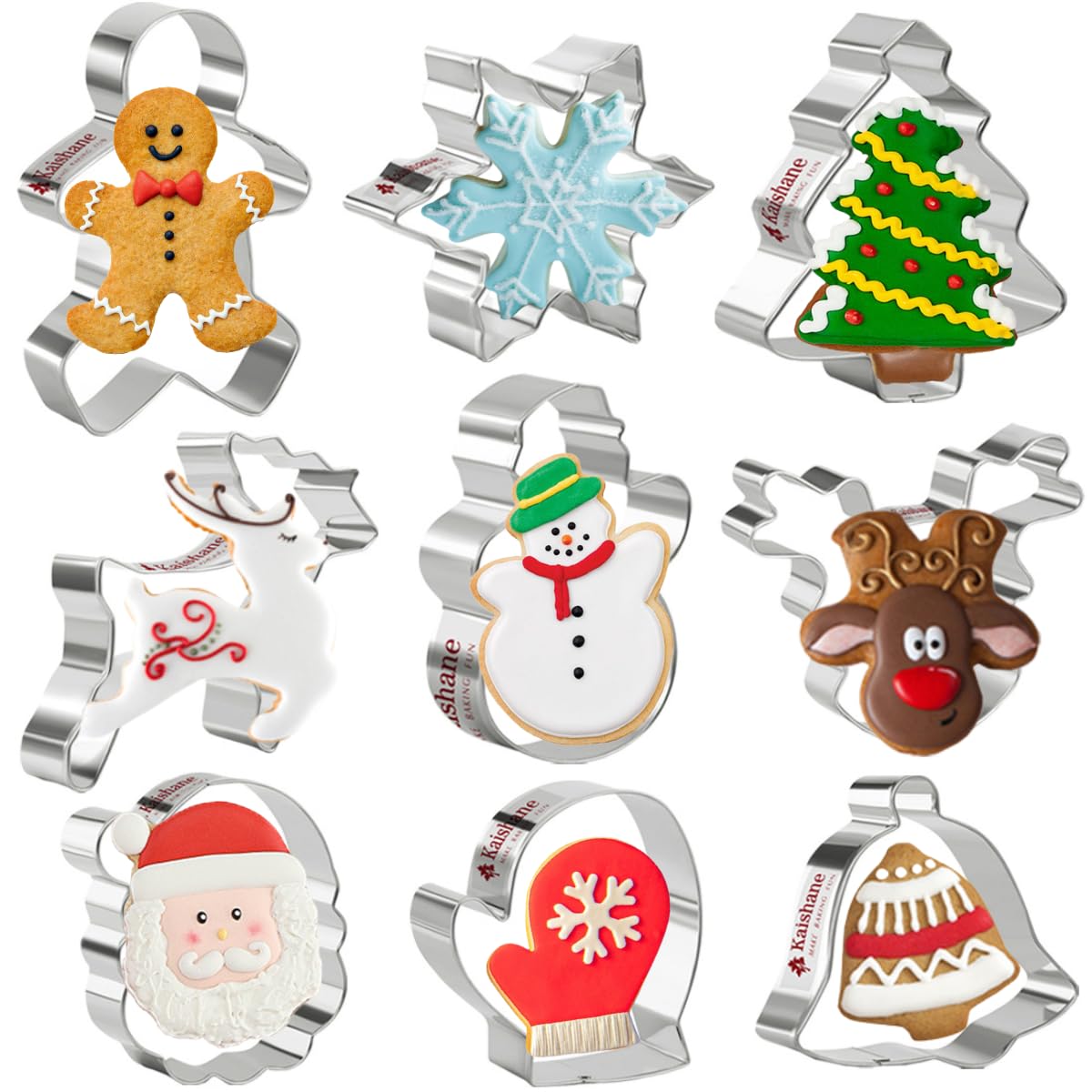 Kaishane Christmas Cookie Cutters Set Of 9 - Star Tree Angel Bell Stocking & More Shapes Stainless Steel