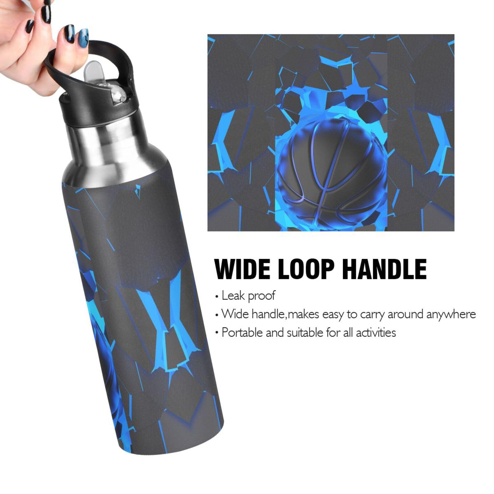 3D Basketball Blue Lighting Water Bottle Kids Boys Girls Insulated Stainless Steel Hot Cold Water Flask with Straw Lid for Sport