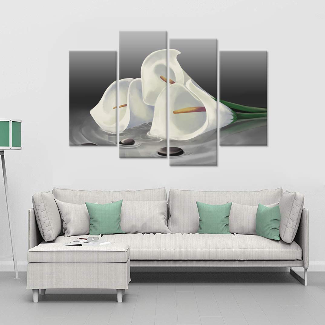 Ihappywall 4 Panel Lily Floral Wall Art White Calla Lily Gray Spa Pebbles Zen Stones Still Life Zen Flowers Picture Print For Sp