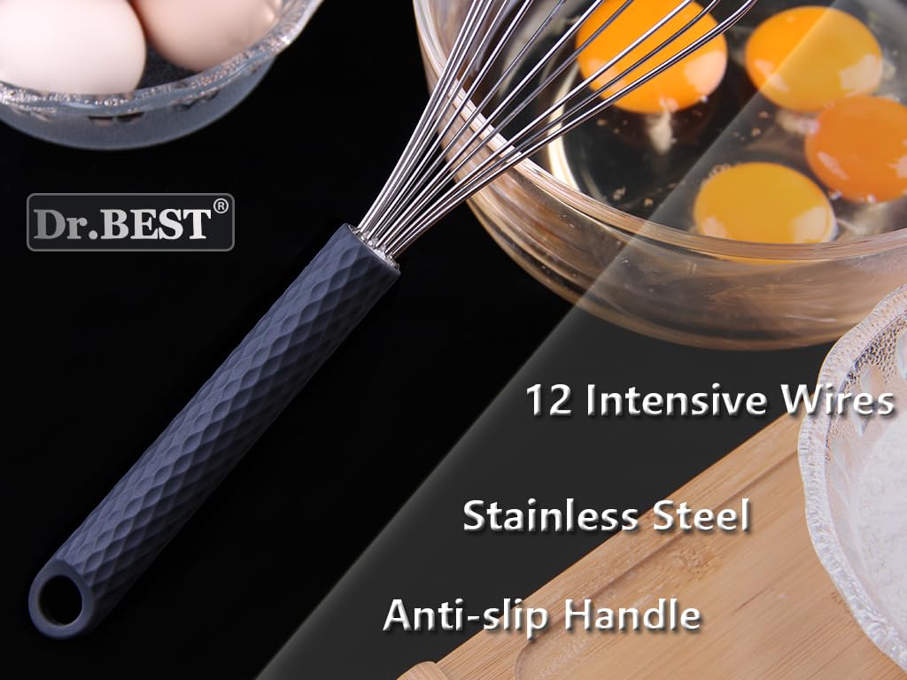 Dr.Best Stainless Steel Whisk Egg Beater Anti-Slip Silicone Handle Comfortable Grip(11 Inch/Black)