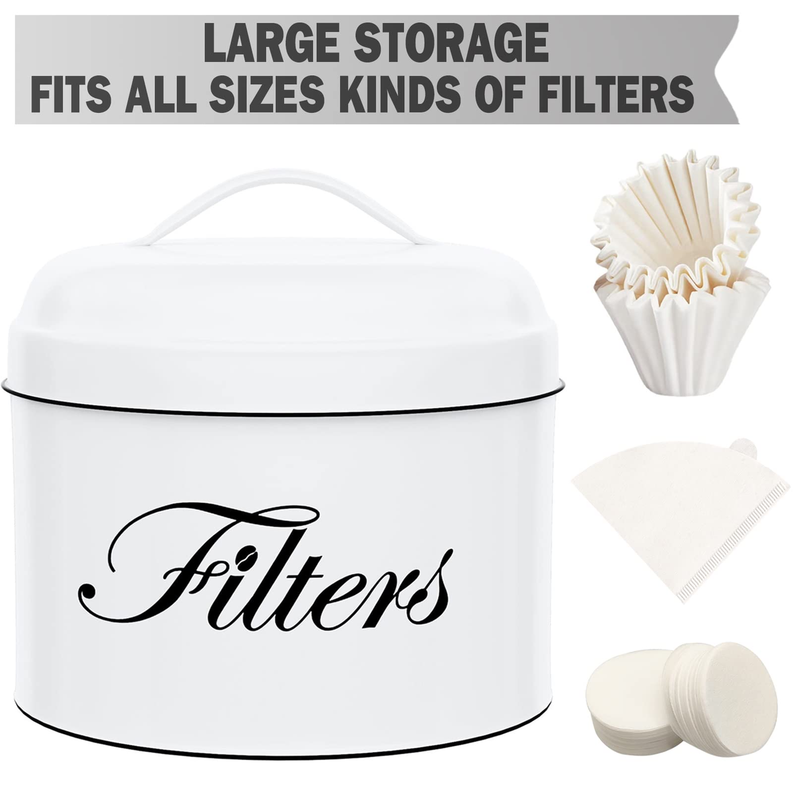 Coffee Filter Holder, White Basket Coffee Filter Storage With Lid, Round Coffee Filter Container For Counter, Rustic Farmhouse C