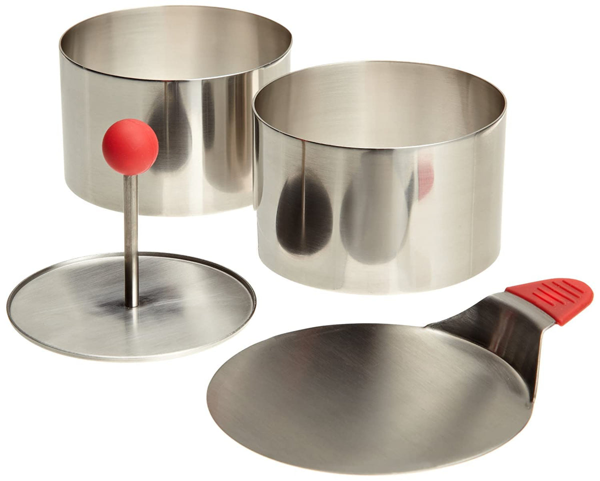 Ateco Round Food Molding Set, 3.5 By 2.1-Inches High, 4-Piece Set Includes 2 Rings, Fitted Press & Transfer Plate