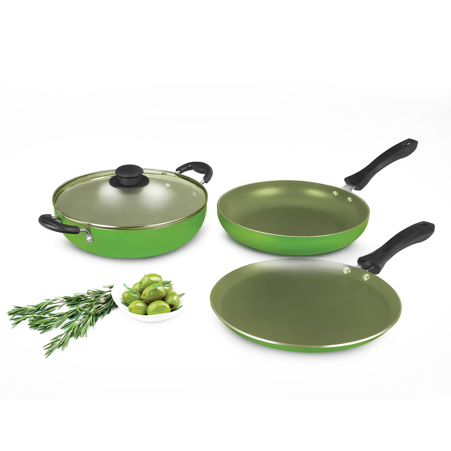 Alda Non Stick Cookware Set Of 4 (Wok With Lid, Fry Pan, Crepe Pan)  Olive 3Mm Induction Friendly, 1 Year Warranty