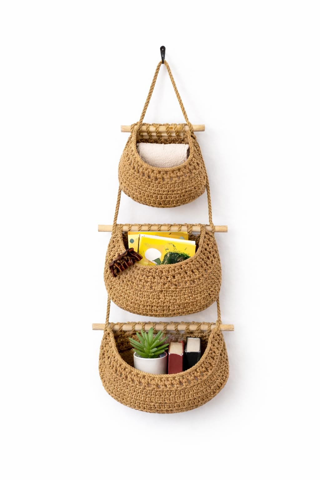 Hanging Wall Basket (3Tier) Organizer  Cotton Rope Wall Storage for Bathroom, Kitchen & Nursery  Detachable Baskets + NoDril