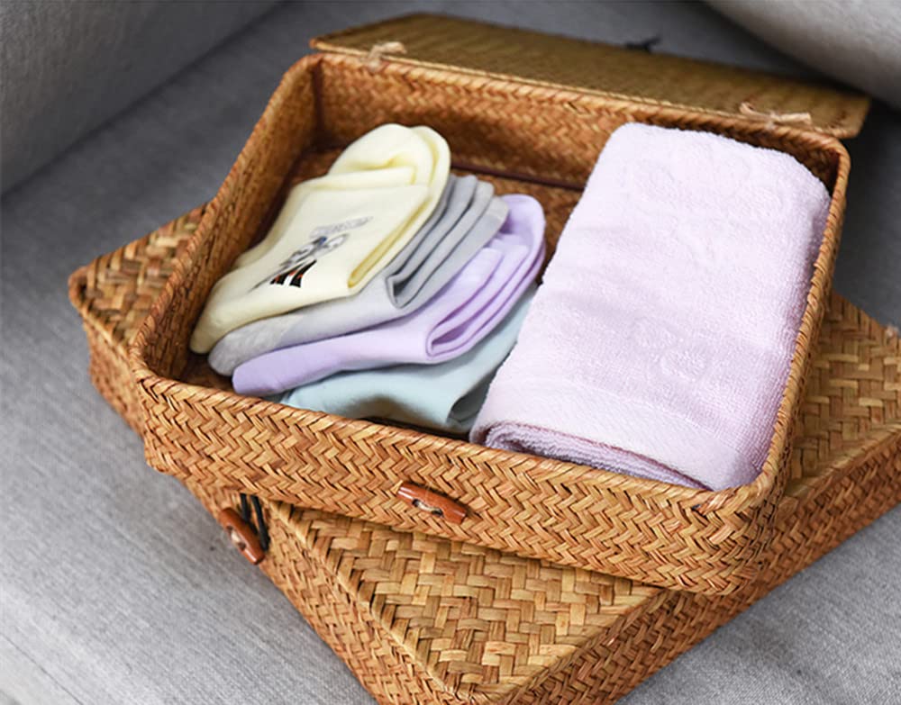 Flat Seagrass Storage Bins with Lid  Wicker Basket for Shelf Organize  Set of 2 (Small+Large)