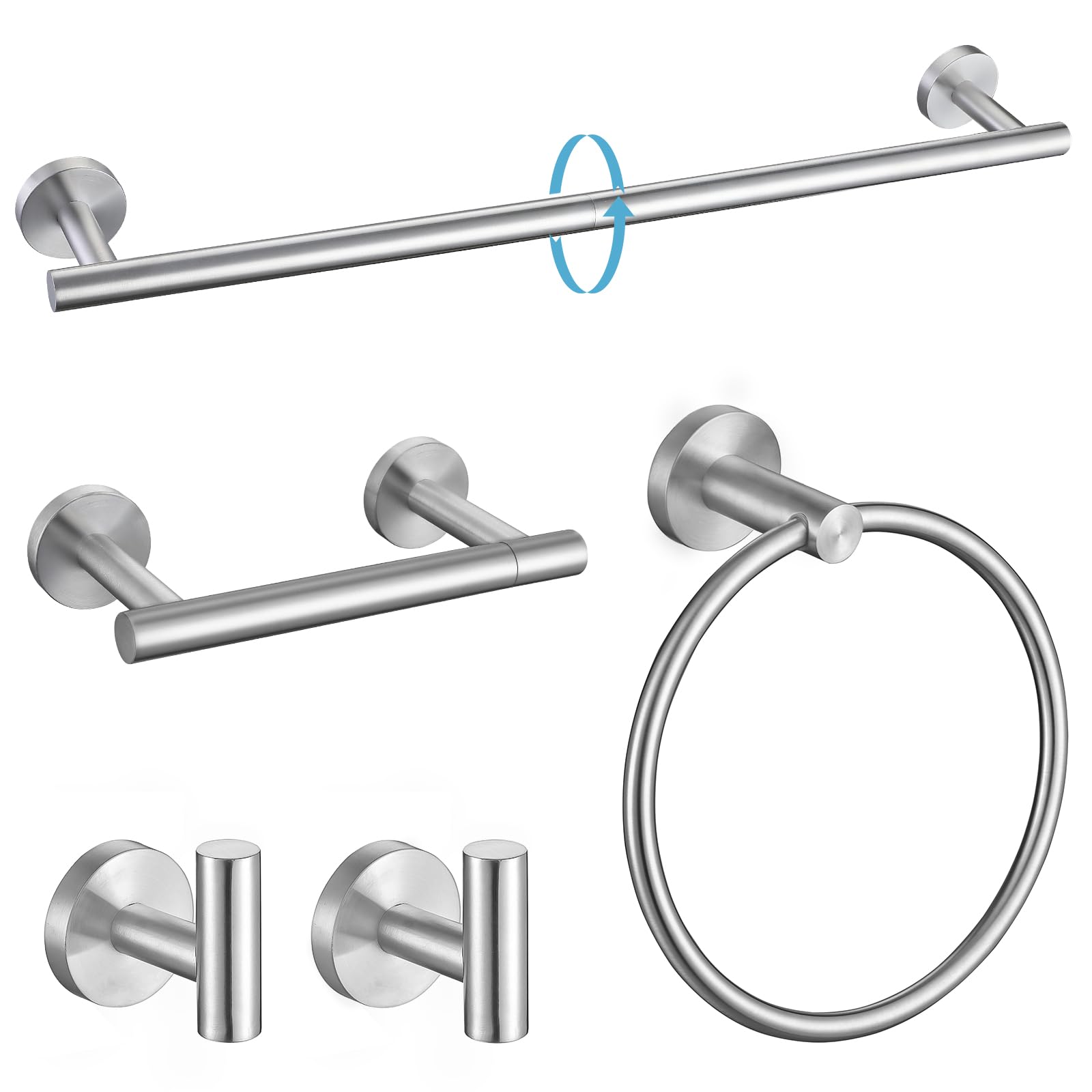Turs Brushed Steel 5 Piece Bathroom Hardware Set, Sus304 Stainless Steel Bath Towel Bar Set, 24 Inch Bathroom Accessories Kit Wa