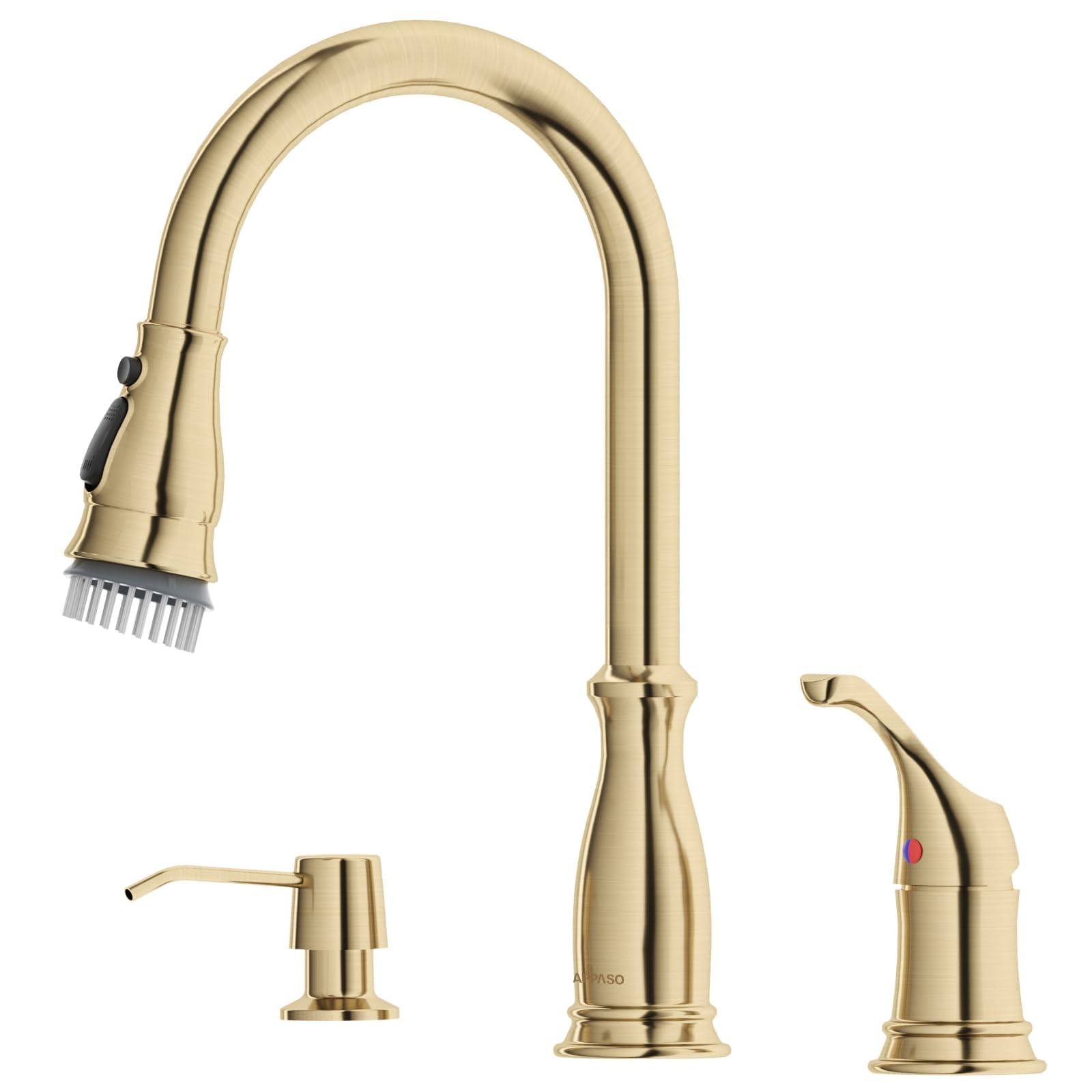 Appaso Gold Kitchen Faucet 3 Hole, Brushed Gold Kitchen Faucet With Soap Dispenser And Pull Down 3-Mode Sprayer, Solid Brass Hig