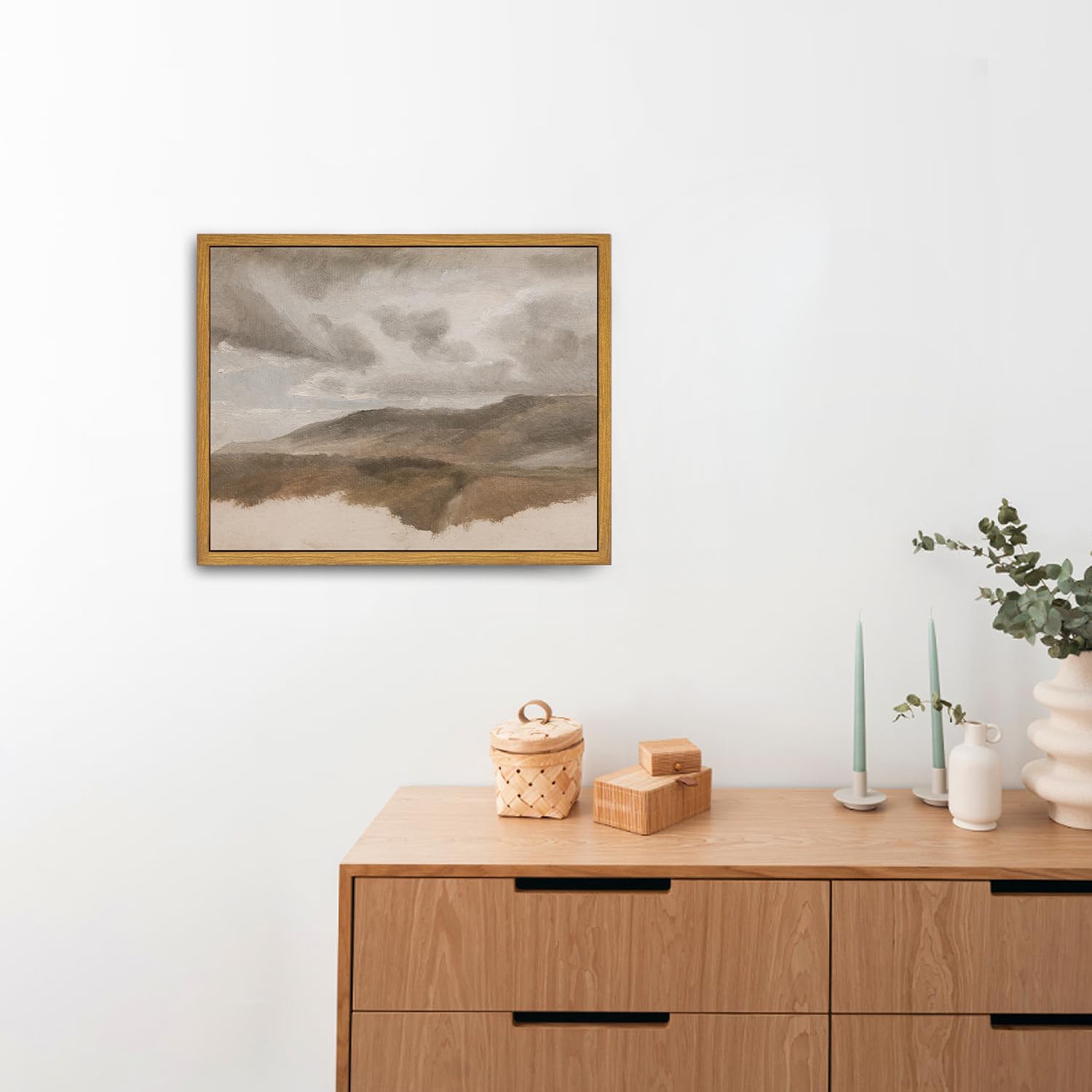 Roslynity Framed Canvas Wall Art Vintage Print Landscape Study With Clouds Oil Paintings Nature Muted Neutral Retro Aesthetic Ar