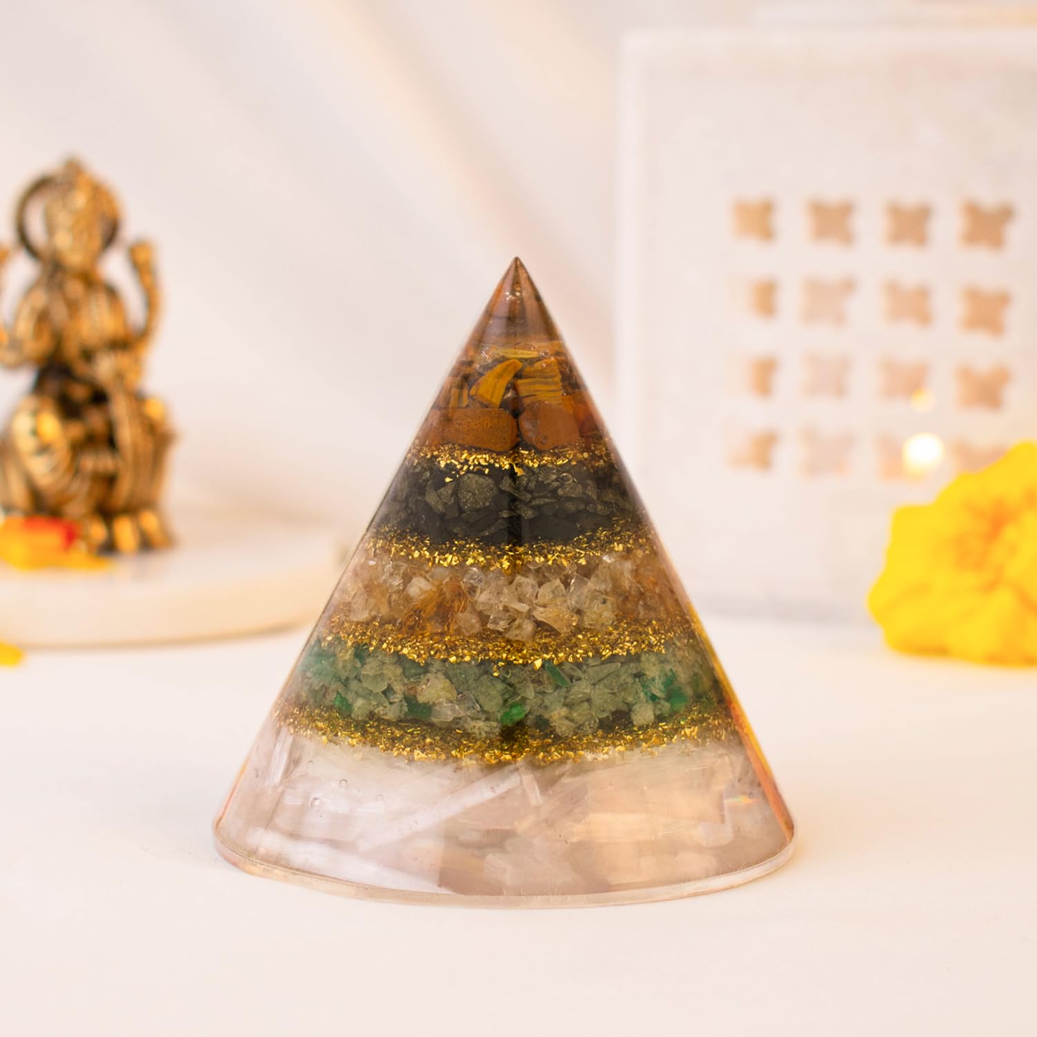 Astrotalk Conical Dhan Yog Resin Pyramid With Selenite Base | Home Decor Items For Wealth, Money & Business Growth | Vastu Items For Home & Mandir | Decorative Items For Living Room