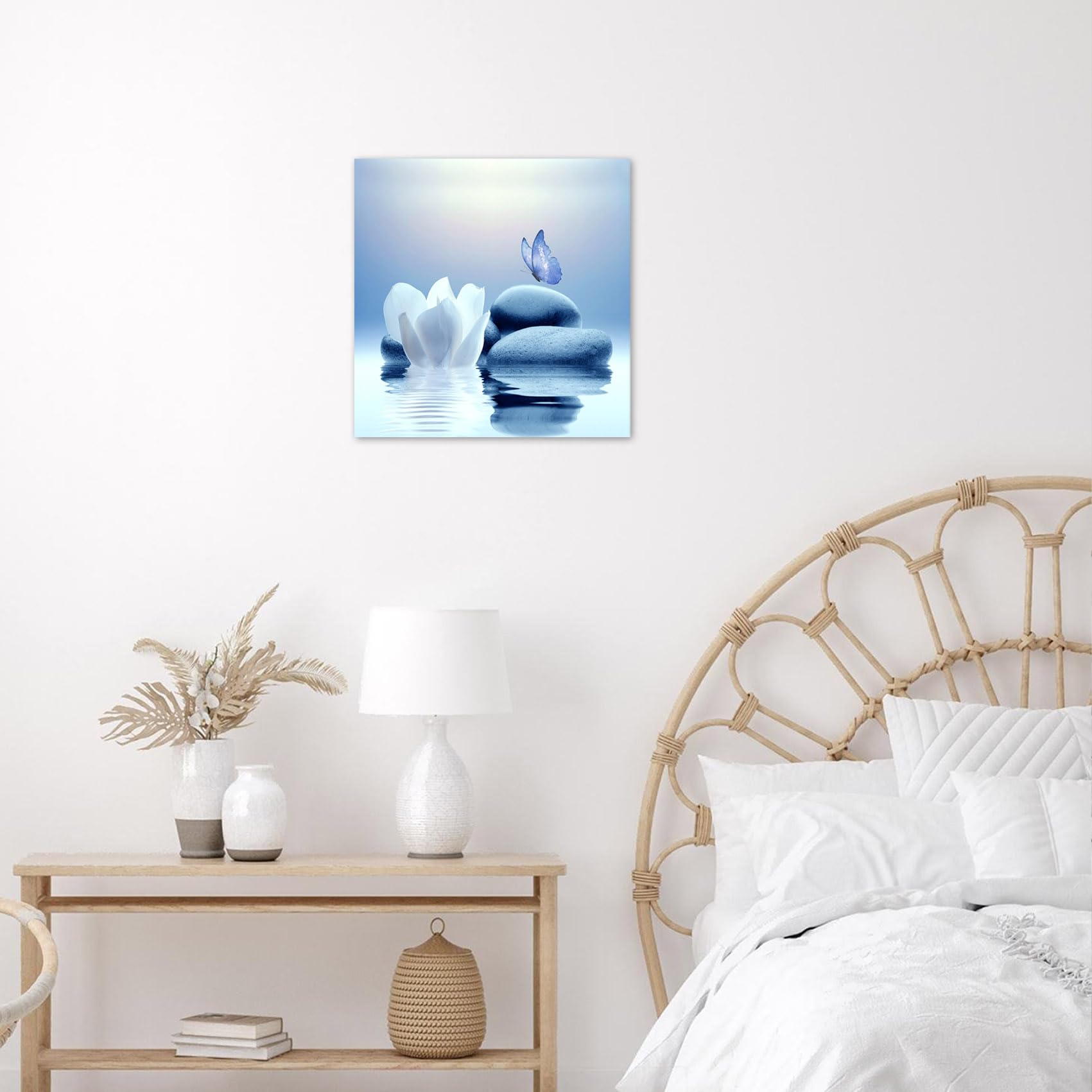 Eobtain Zen Canvas Wall Art Blue Floral And Butterfly On Stone Framed Wall Art For Bathroom Living Room Bedroom Modern Spiritual