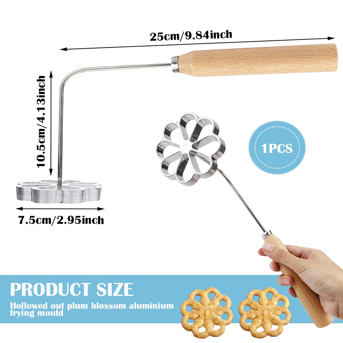 Doerdo 1Pcs Wooden Handle Frying Mold Rosette Waffle Molds Homemade Frying Mold Kitchen Gadgets, Silver