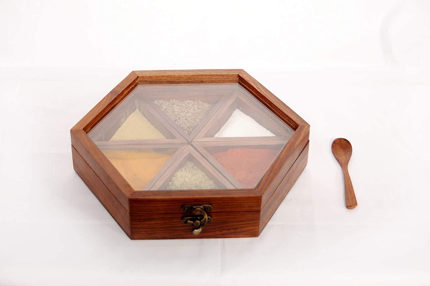 Art And Craft India Wooden Hexagonal Masala Box| Spice Rack| Spice Jar| Masala Dabba| Multipurpose Spice Box| Container For Kitc