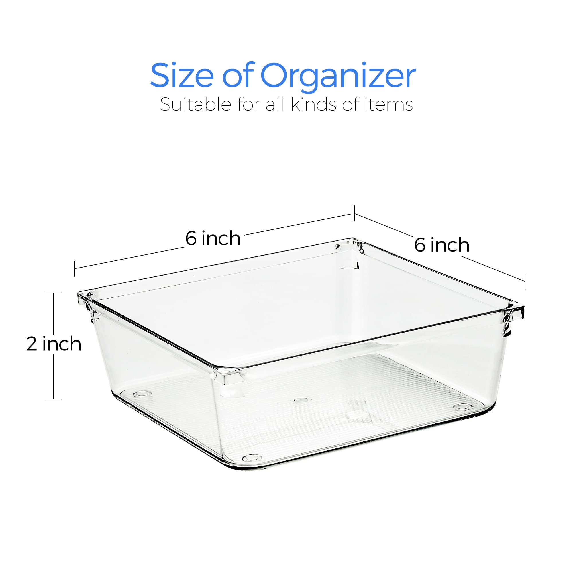 Ravinte 6 Pack Drawer Organizer - 6'' X 6'' Plastic Storage Bins, Acrylic Organizers with Non-Slip Pads Clear Desk Storage Tray