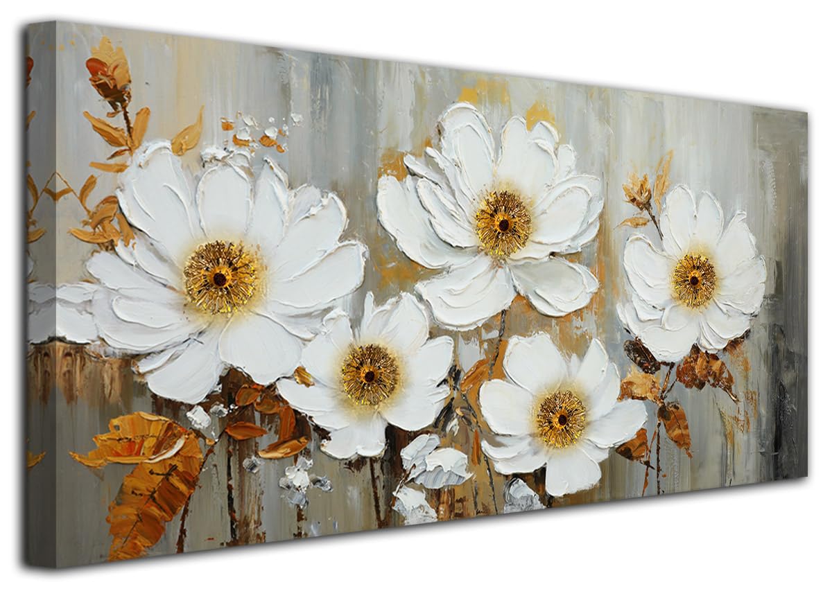 Acocifi Wall Art Flowers Abstract Canvas Painting White Flowers Textured Wrapped Canvas Artwork, Florals Picture Print For Livin
