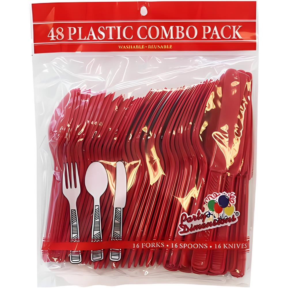 Disposable Plastic Cutlery Set  Red  Pack of 48