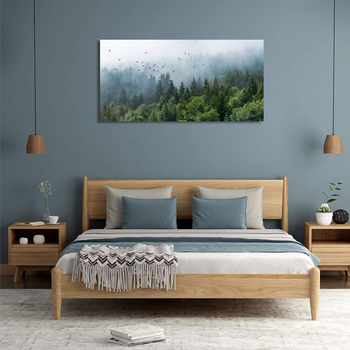 Green Forest Wall Art Tropical Forest Mountain Bird Contemporary Canvas Pictures Modern Artwork Framed For Bathroom Bedroom Nurs