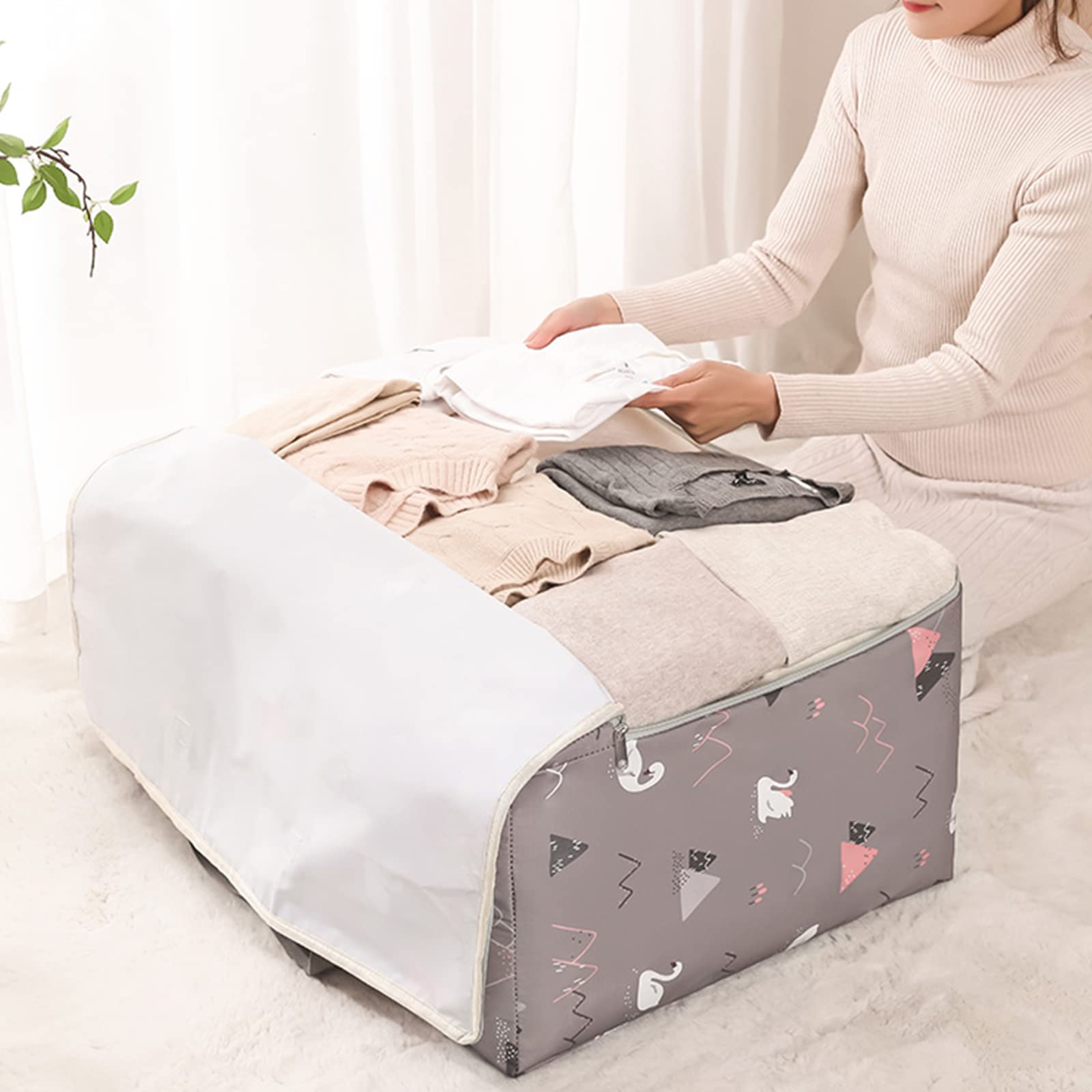 Wolpin Non-Woven Extra Large Size Underbed Storage Bag Waterproof (58 X 40 X 23 Cm) - Zippered Closure & Handle Swan Print, Rect