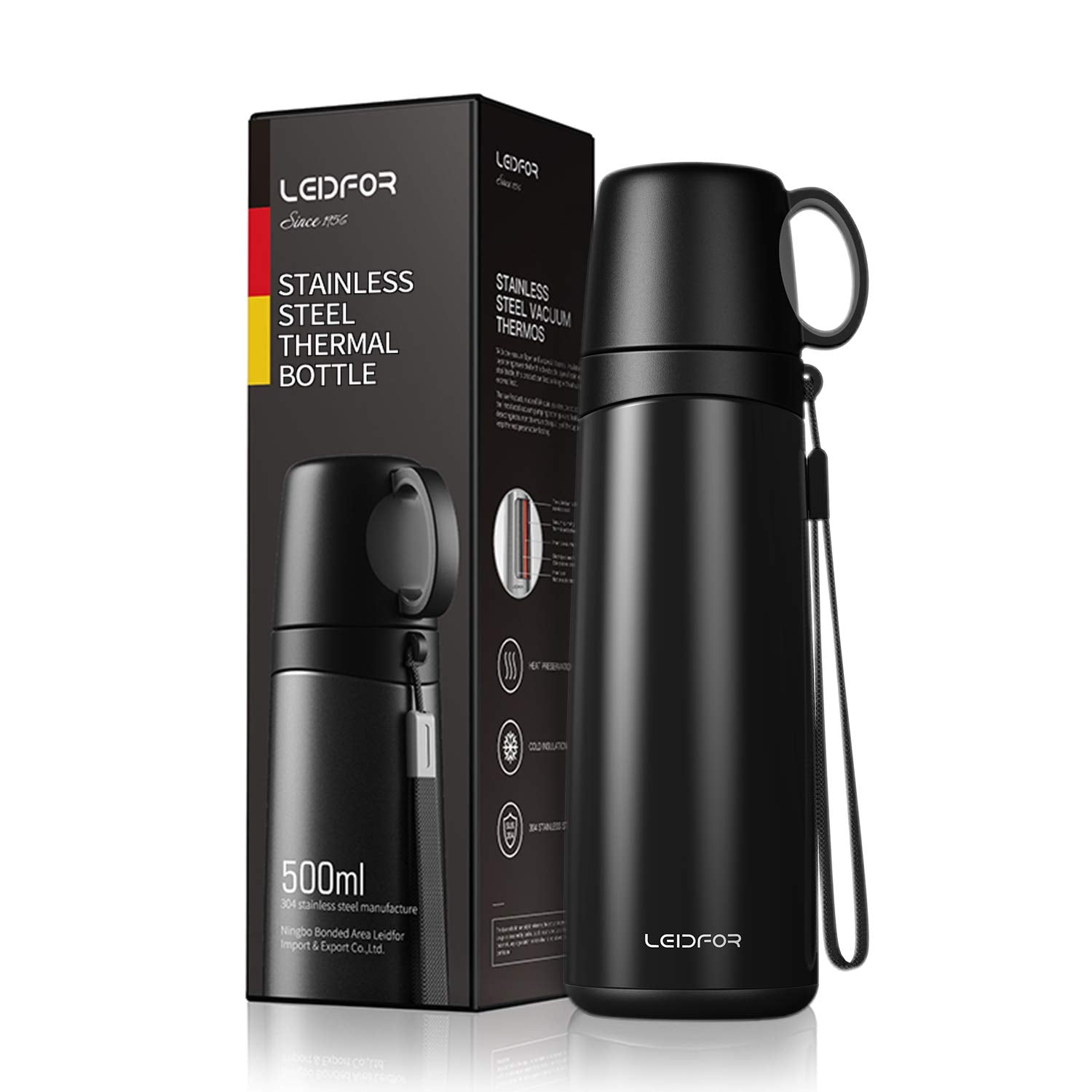 Leidfor Coffee Travel Mug Vacuum Insulated Thermal Water Bottle Build-In Lid Cup Stainless Steel Leakproof 17Ounce Black