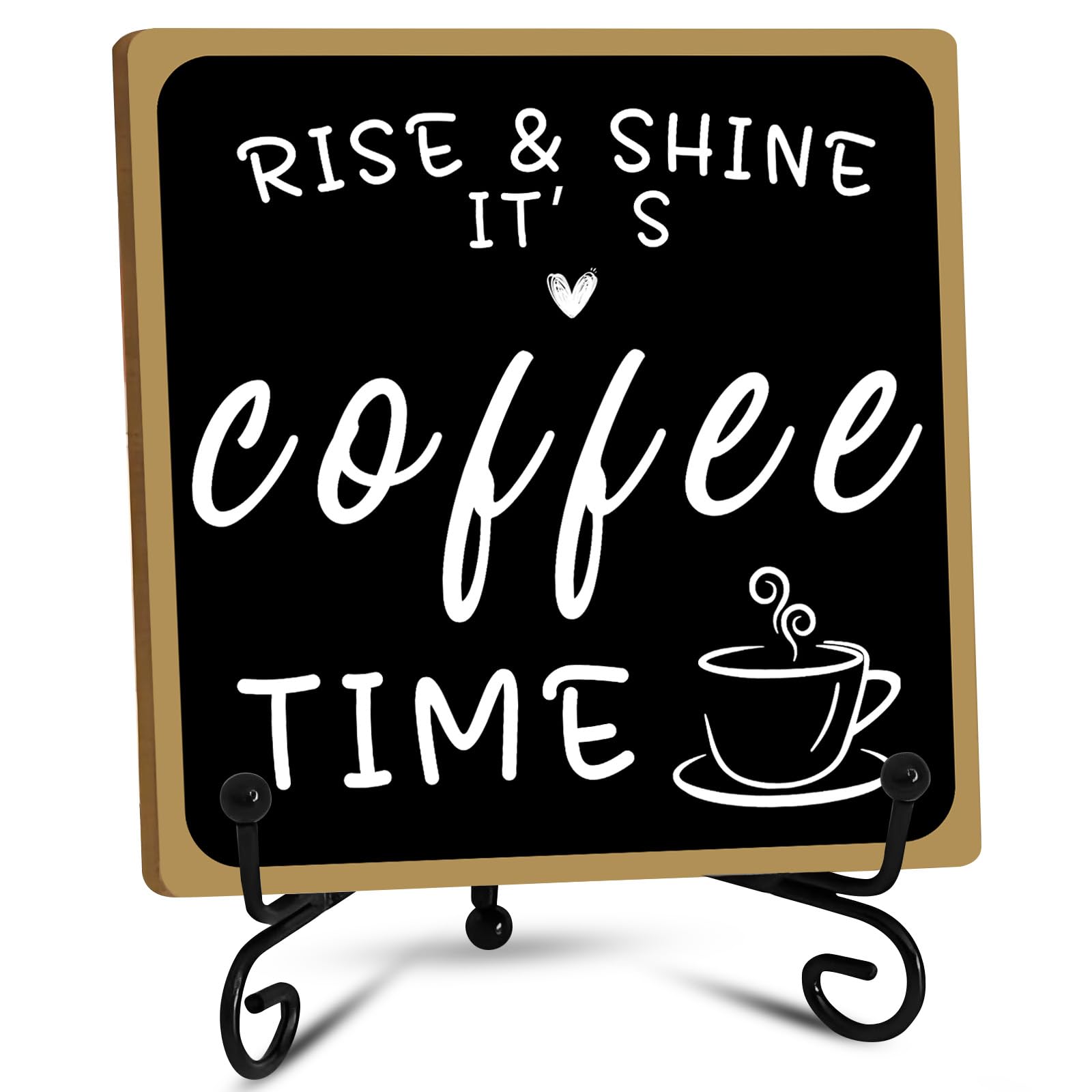 Wooden Coffee Bar Sign Coffee Bar Decor, Coffee Bar Decorations Black and White with Iron Stand Bar Tabletop Shelf Accessories, 