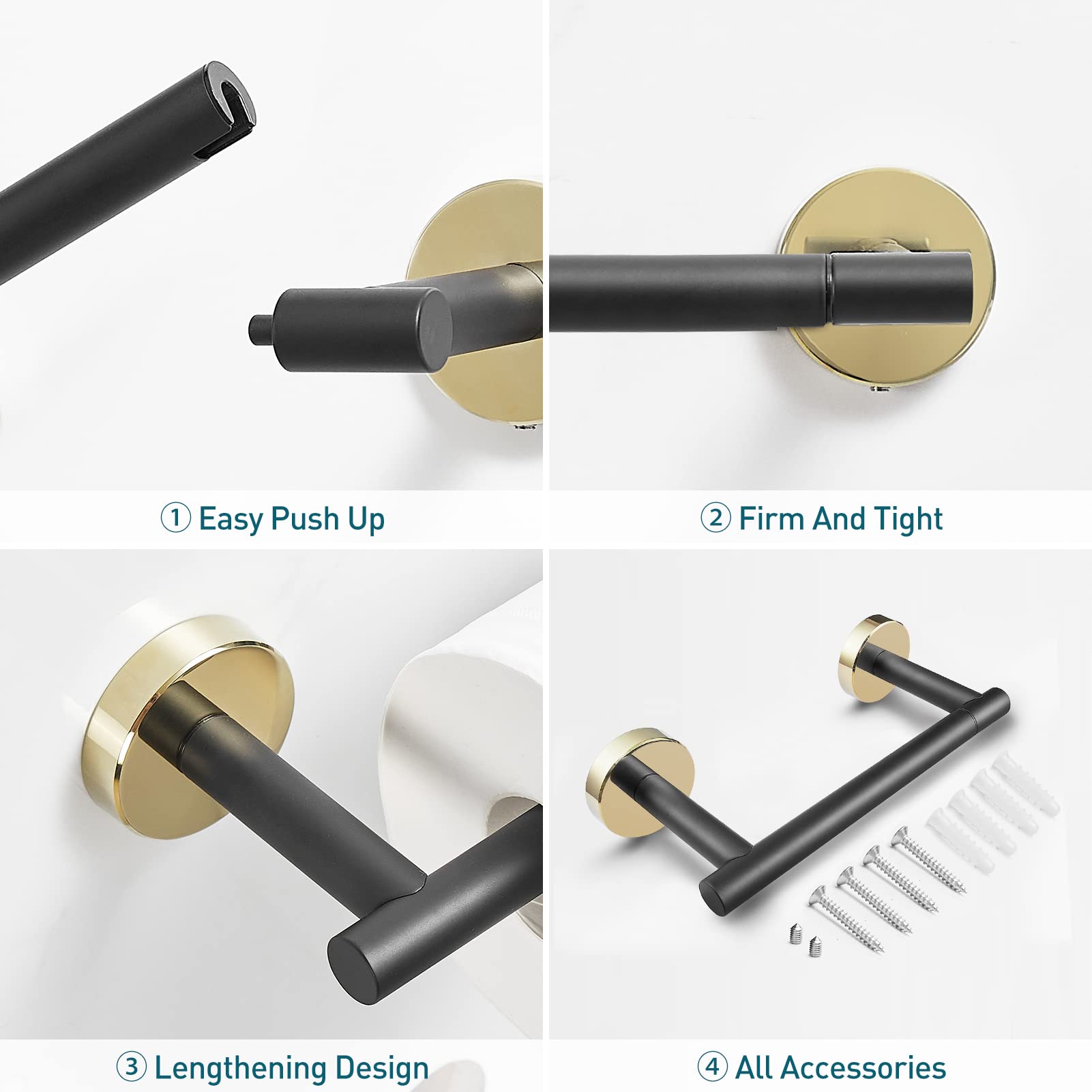 Pokim Toilet Paper Holder Matte Black&Gold, Metal Bathroom Rotating Tissue Roll Holder On Wall Mounted With Lock, 304 Stainless