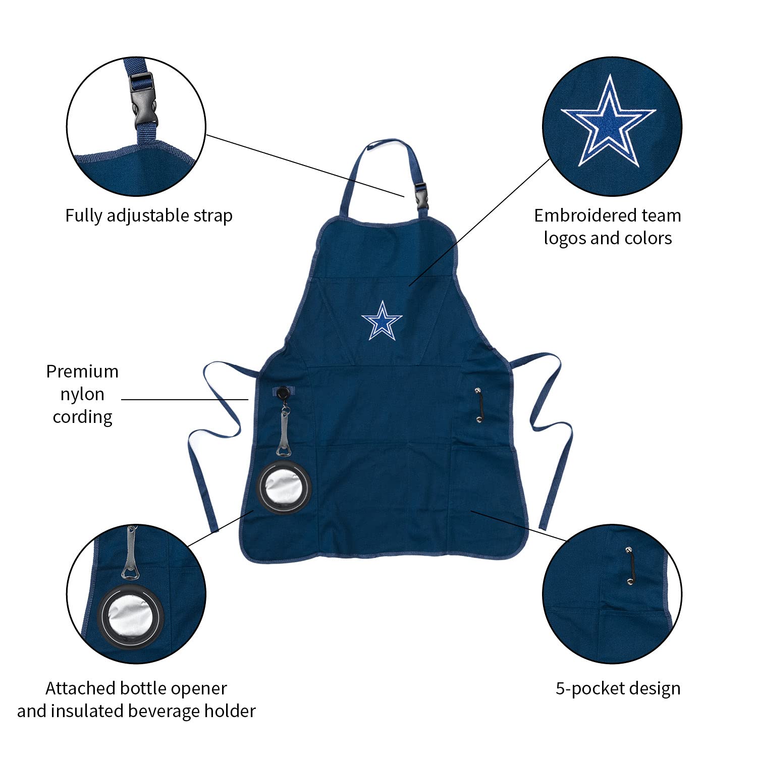 Team Sports America NFL Dallas Cowboys Ultimate Grilling Apron  Bottle Opener and Insulated Beverage Holder  Heavy Duty Durable Cotton Canvas 300 GSM  Machine Washable  Adjustable Straps
