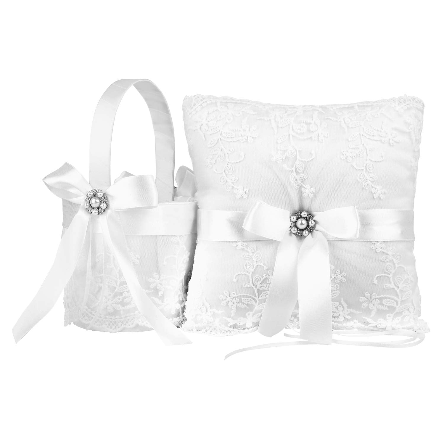 True Love Gift Ring Bearer Pillow And Wedding Flower Girl Basket Set Pearl Rhinestones White Satin Lace Collection