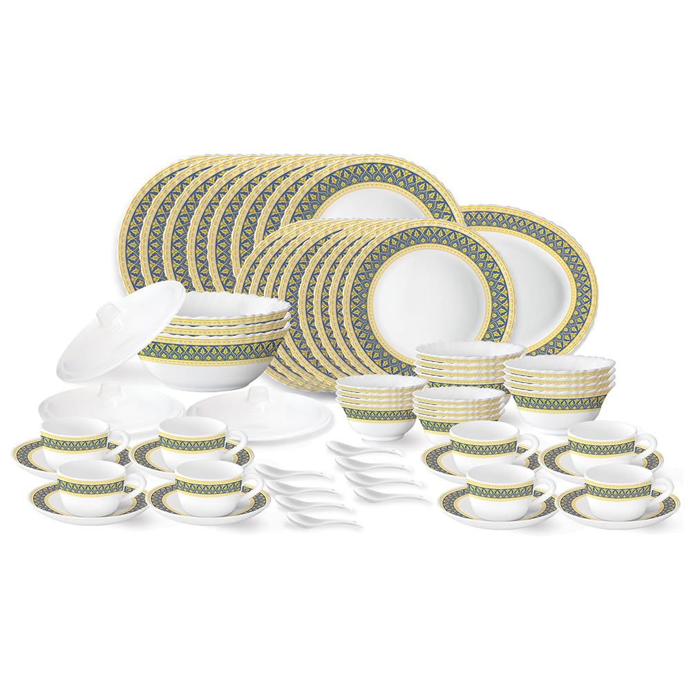Larah By Borosil Regal Fluted Series Opalware Dinner Set | 63 Pieces For Family Of 8 | Microwave & Dishwasher Safe | BoneAsh Fr