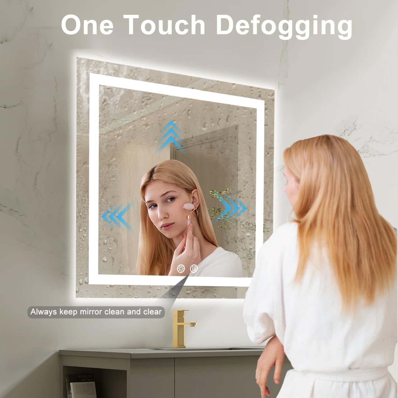BuLife 28 X 28 Inch Square LED Bathroom Vanity Mirror, 3 Colors Light Dimmable, Wall Mounted Memory Lighted Makeup Mirror with A