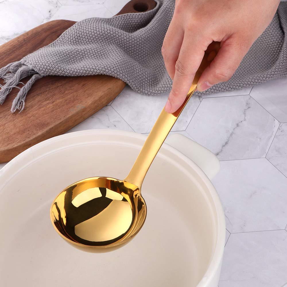 Gold Soup Ladle, Buygo Large Serving Soup Spoon Stainless Steel Long Handle Soup Pan Ladle For Cooking, Stirring, Dishwasher Saf