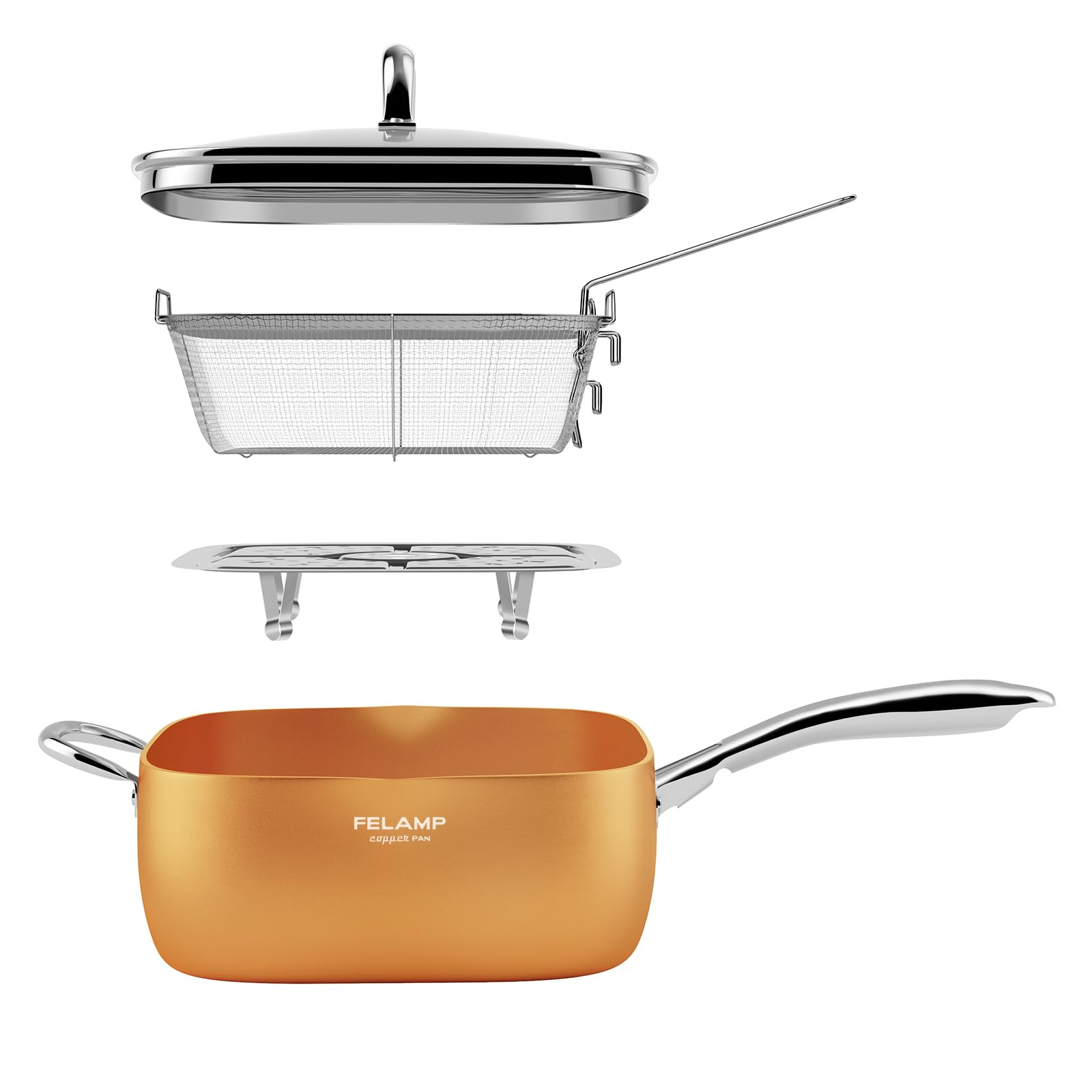 Felamp 9.5-Inch Ceramic Nonstick Deep Square Frying Pan Set With Glass Lid, Stainless Steel Fry Basket & Steamer Rack, Induction