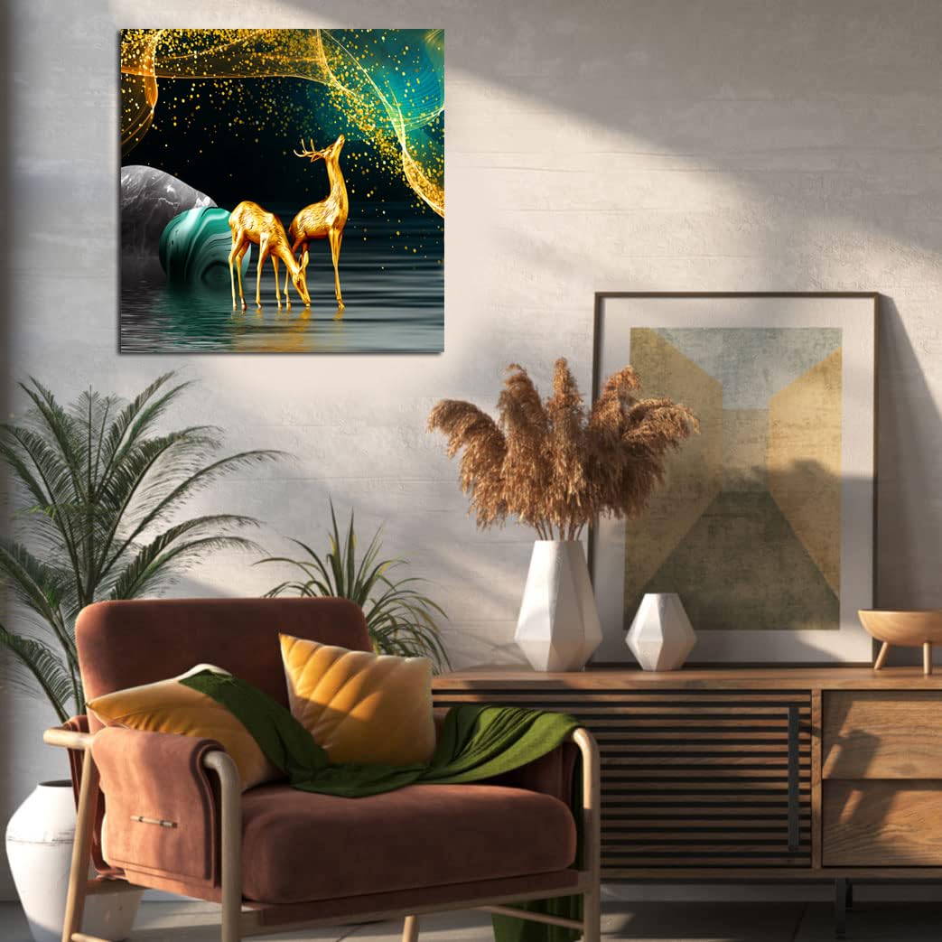 Maxstone Goldan Deer Wall Painting Wall Art Home Decoretive for Living Room, Bedroom, Office, Hotels, Drawing Room (55.88 X 55.8