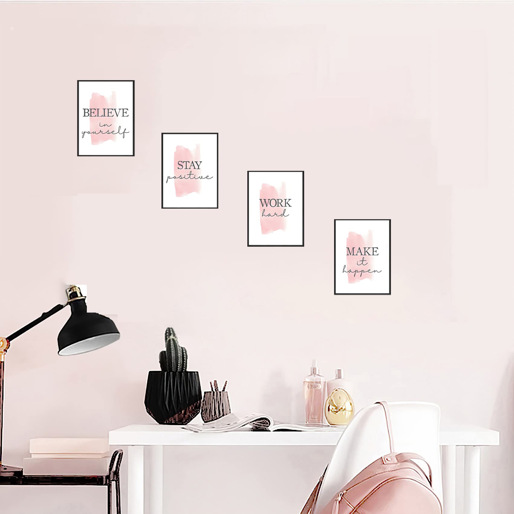 KLPOARTQ Set of 4 Framed Motivational Canvas Prints, 12x16 Inch, Pink Grey, Inspirational Quotes for Home & Office Decor