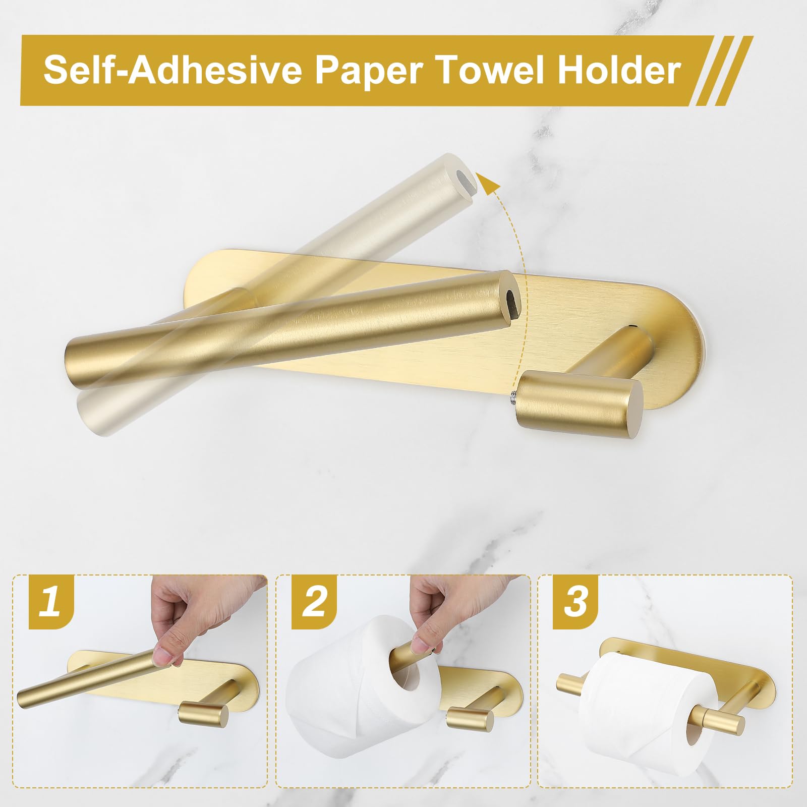 Self Adhesive Brushed Gold Toilet Paper Holder, Sus304 Stainless Steel Toilet Roll Holder, Double Base Paper Towel Holder Wall M