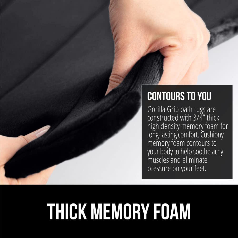 Gorilla Grip Memory Foam Bath Rug  Thick Soft Striped Bathroom Mat  Absorbent Decorative Mats  Machine Washable  Durable Backing  Luxurious Comfortable Rugs for Shower and Tub Floor  24x17  Black