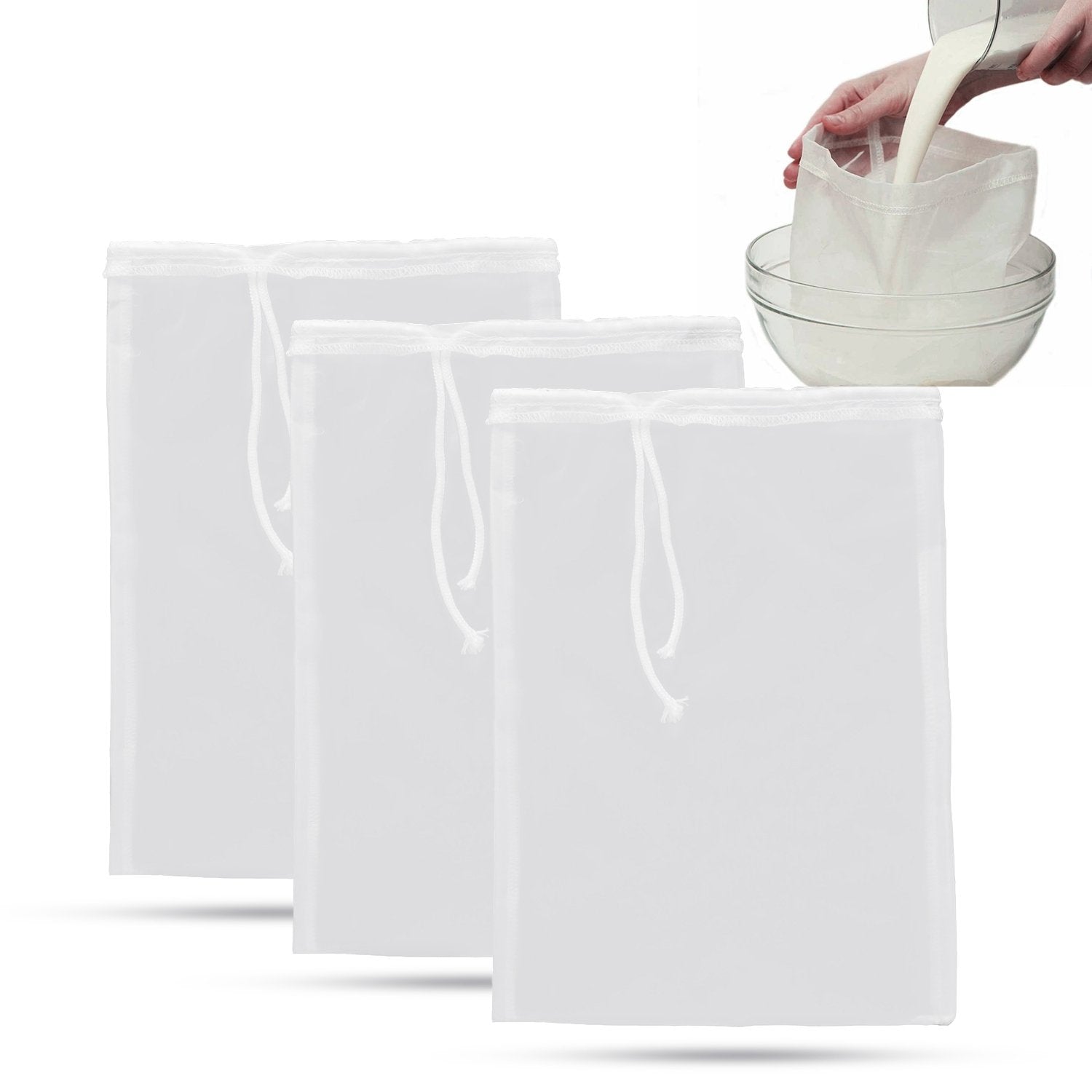 3Pcs Reusable Filter Bags Mesh Nylon Bags For Nut Milk, Coffee, Juice 74 Micron 8'' X 12''