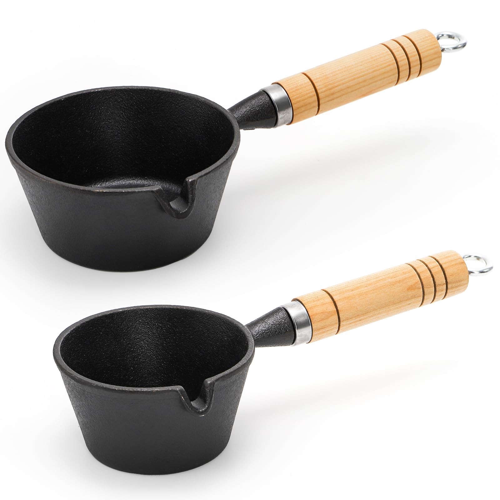 Hiceeden Set of 2 Nonstick Cast Iron Sauce Pan, 11/15 oz Small Cast Iron Butter Melting Pot with Wood Handle, Mini Tadka Pan Bas
