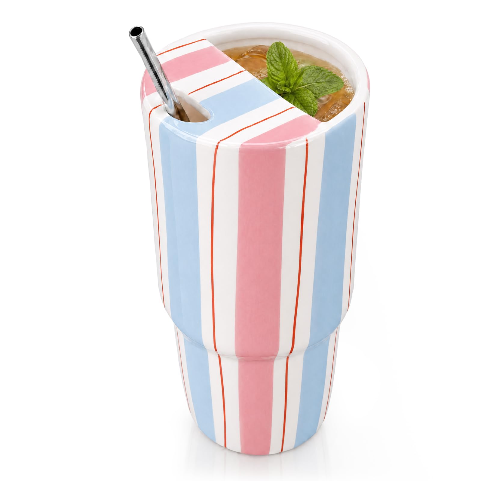 Ferrochef Large Ceramic Coffee Mug with Sip Hole 20 oz Pastel Striped Travel Cup with Straw and Cleaning Brush Coffee Espresso L