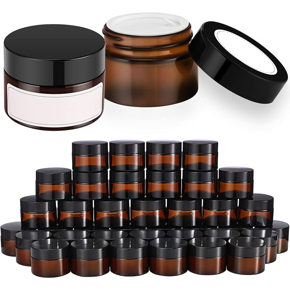 48 Pcs 1 Oz Amber Glass Jars, Small Glass Jars With Black Lids Face Cream Leakproof Wide Mouth Round Jar, White Labels & Inner L