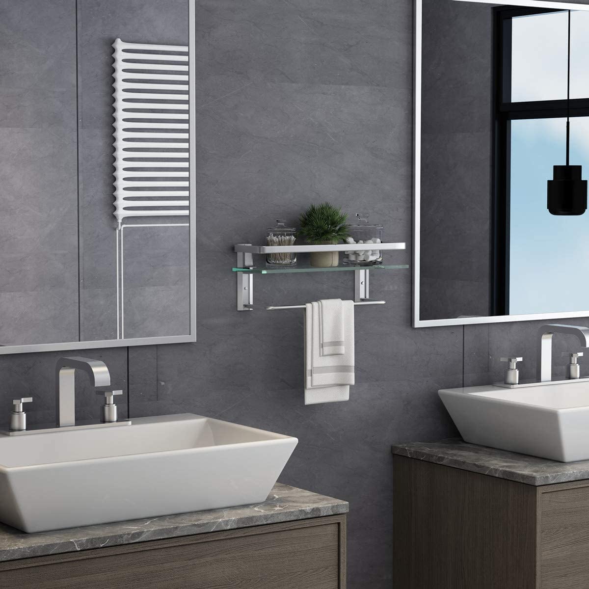 Volpone Glass Shelf With Towel Bar 15.7In Silver Bathroom Shelf Wall Mount Rustproof Bathroom Wall Organizer 1 Tier (Silver)