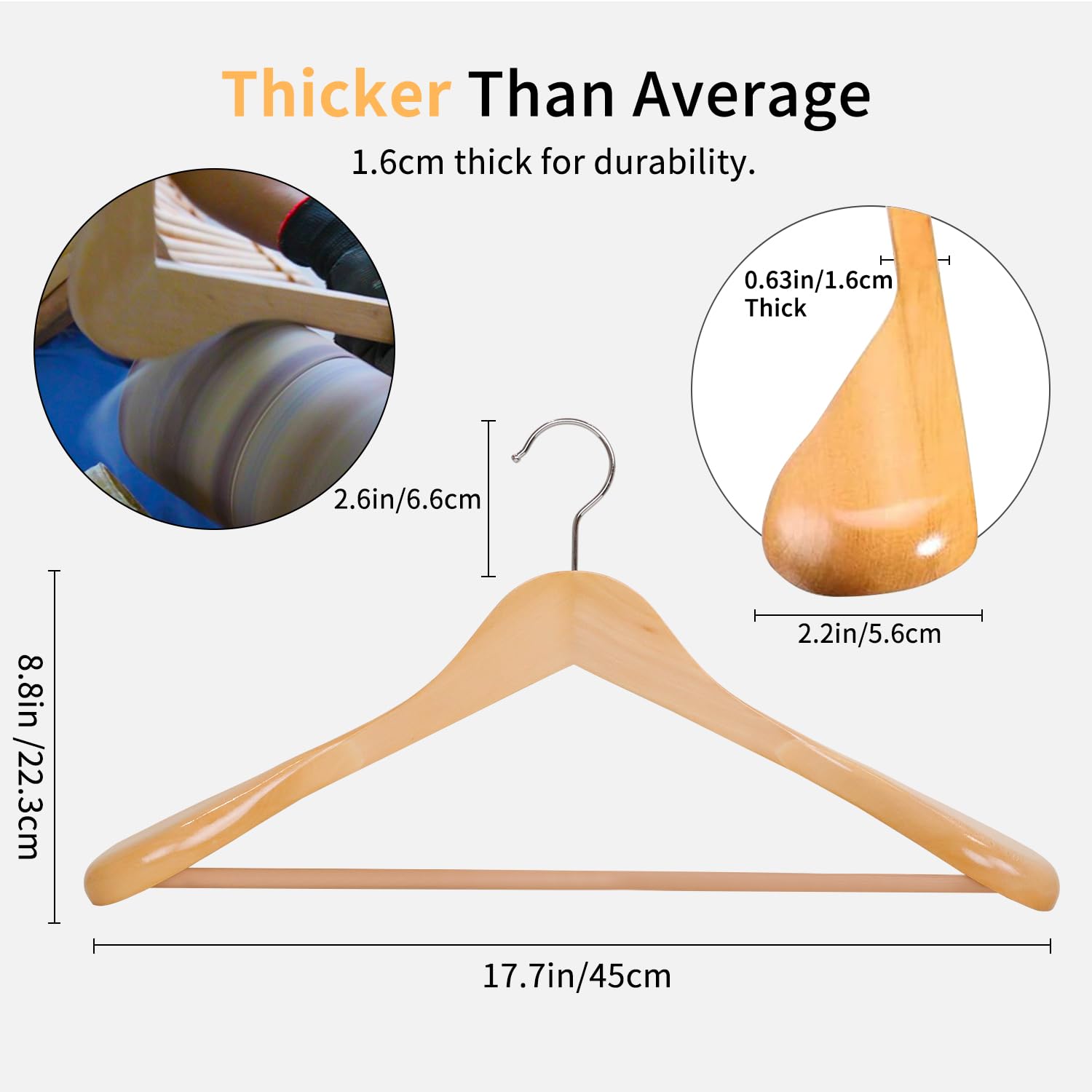Mangotree Wooden Suit Hangers, Wide Shoulder Coat Hangers With Non-Slip Hanging Bar, Smooth Solid Wood Hangers, Heavy Duty Cloth