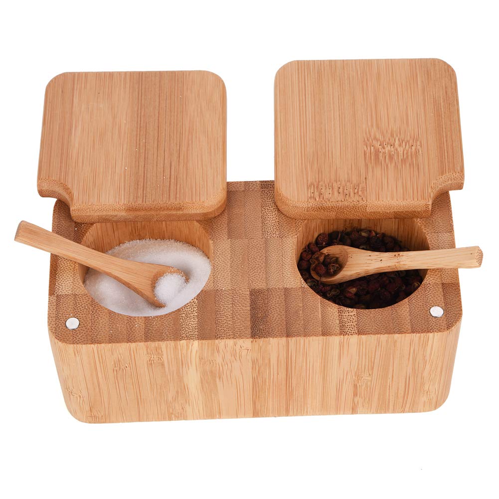 Bamboo Swivel Salt Pepper Spice Box Cellars Pinch Pot With Magnetic Lid-2 Pot For Herbs And Spices + 2Pcs Mini Salt Spoon