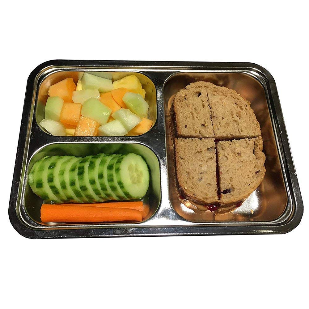 Aiyoo Set Of 2 Stainless Steel Rectangular Divided Plates Tray 3 Sections Dinner Plates For Adults - Unbreakable Metal Plate For