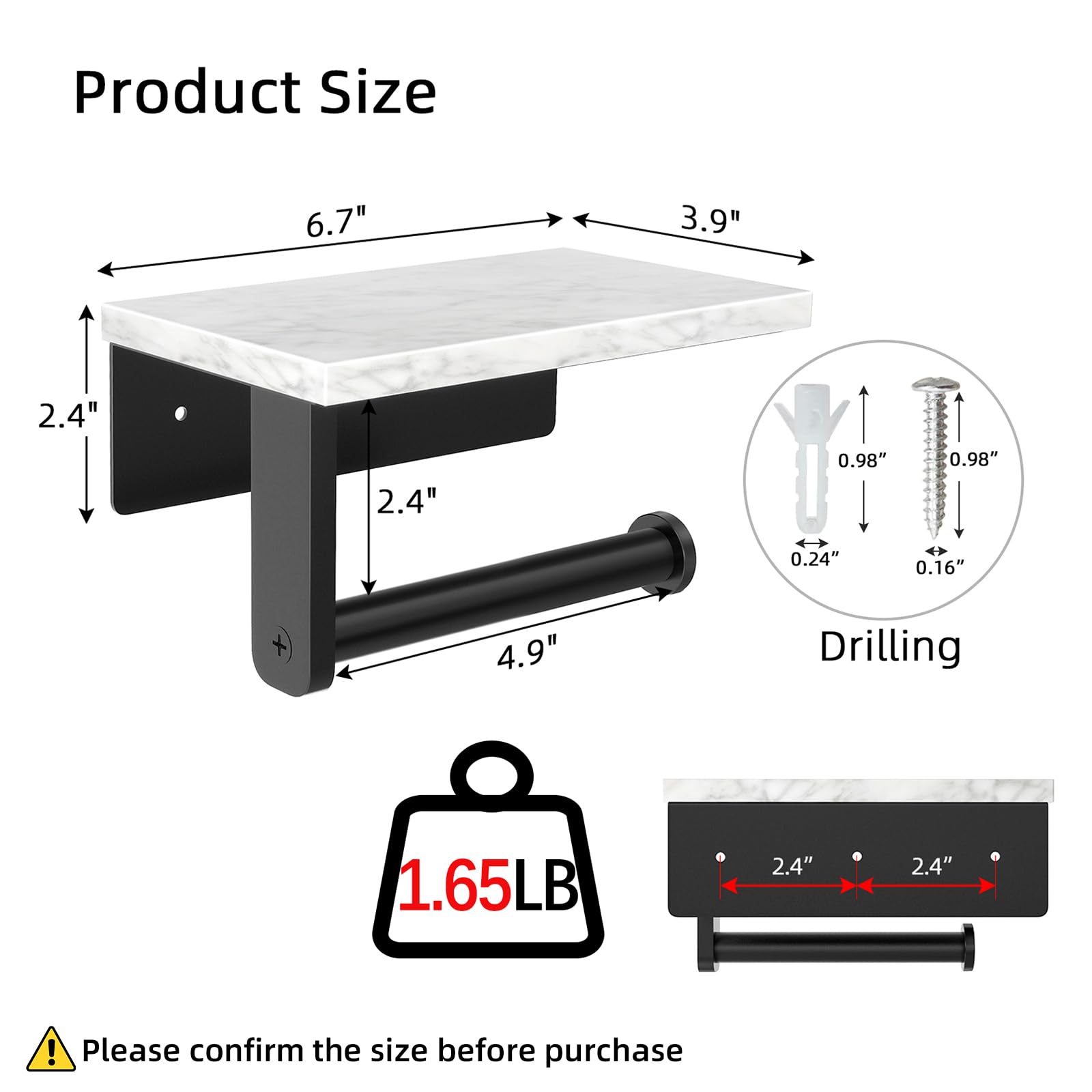 Gypie Marble Toilet Paper Holder with Shelf  304 Stainless Steel Screw Wall Mounted  Tissue Roll Holder for Bathroom Washroom Matte Black
