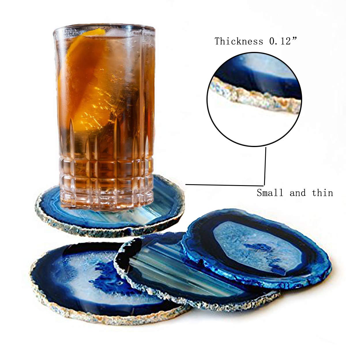 JIC Gem 3-3.5'' Dyed Blue Color Small Size Agate Coastes Polished Natural Geode Stone Coasters Agate Slices Set of 4 with Protective Rubber Bumper Home Decorative