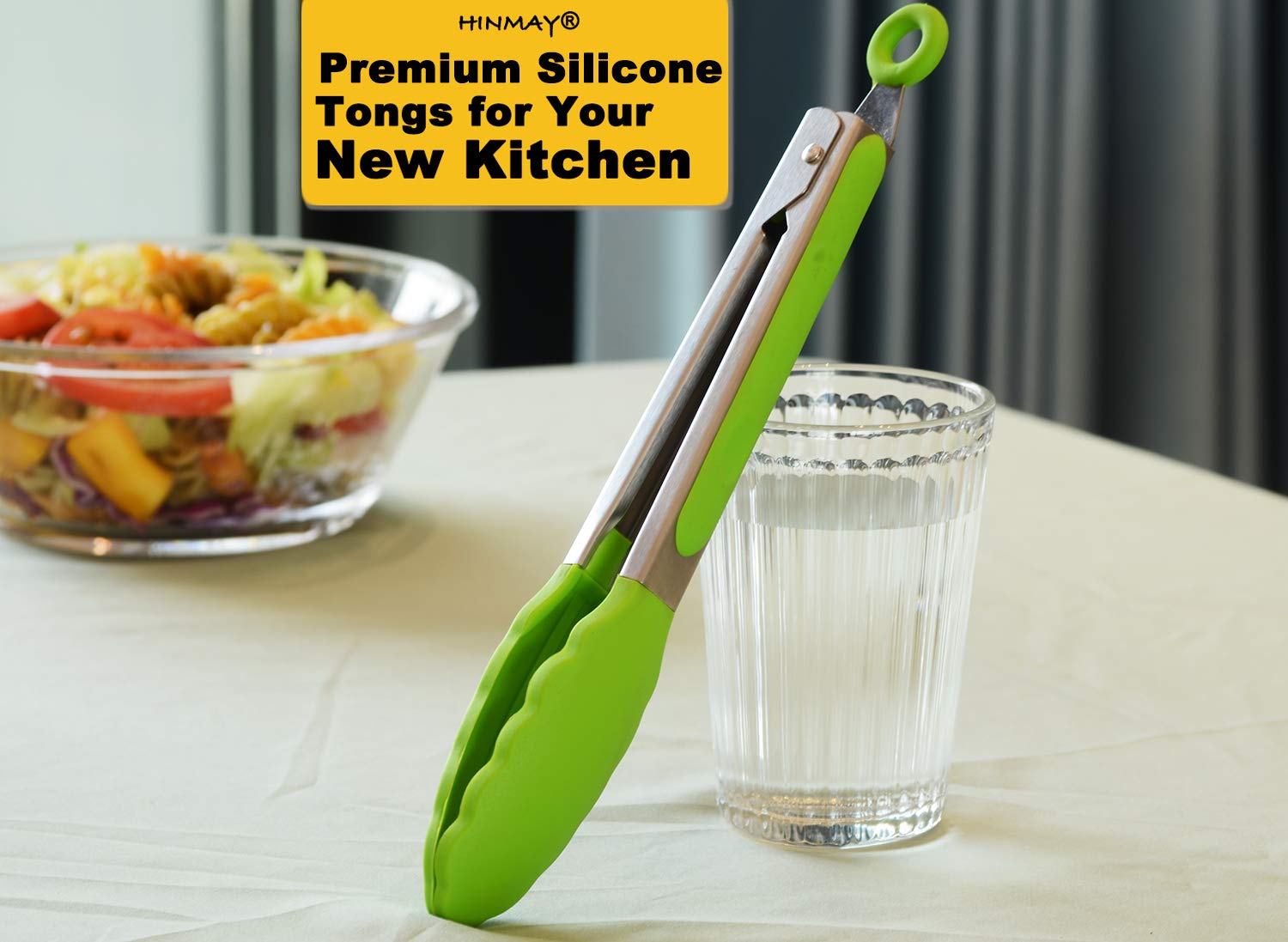 Hinmay Silicone Tongs 9-Inch Stainless Steel Locking Kitchen Tongs, Set Of 3 (Green)