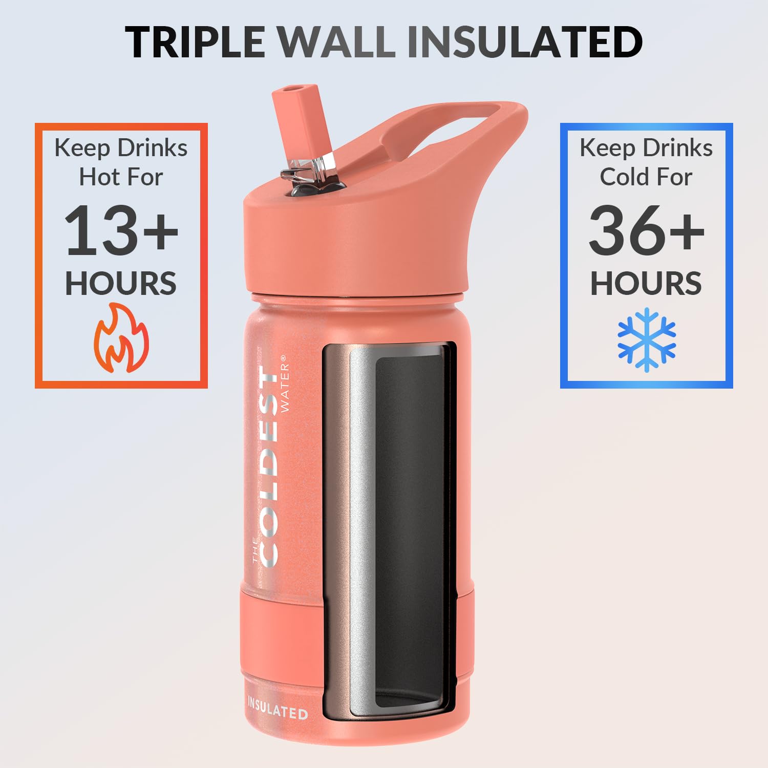 Coldest Sports Water Bottle - Straw Lid Bottle with Handle Leak Proof  Vacuum Insulated Stainless Steel  Double Walled  Thermo Mug  Metal  Pink Froze 14 oz