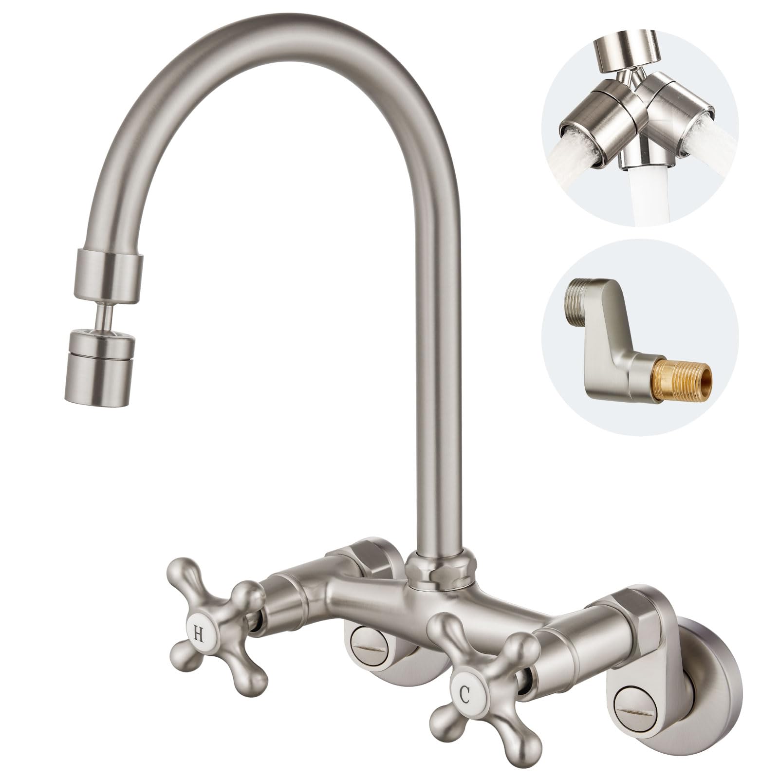 Airuida Bruhsed Nickel Wall Mount Kitchen Sink Faucet With Sprayer Wall Mounted Kitchen Faucet 6 Inch Center Double Handles 360