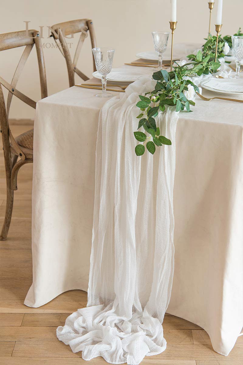 Ling'S Moment 10Ft X 35'' Wide Brilliant White Gauze Semi-Sheer Table Runner Cheesecloth Tablecloth For Wedding Party Bridal Sho